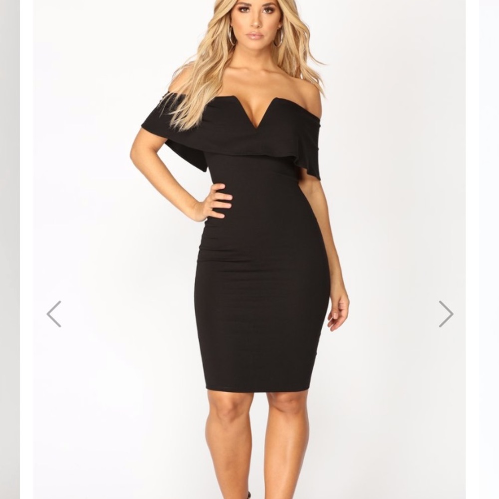 Black fashion nova off the shoulder dress.